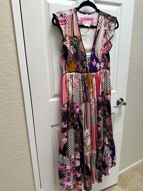 Women's Pink Multi-Pattern V-Neck Maxi Dress
